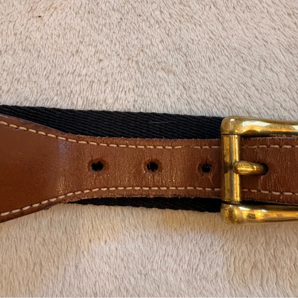 Dooney & Bourke Black Wool Surcingle Belt with Brown Leather Trim Brass Buckle